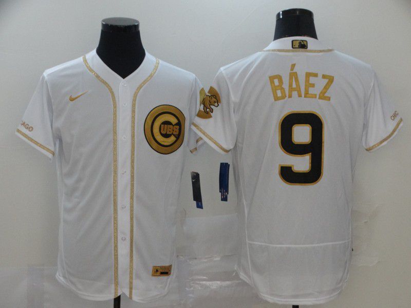Men Chicago Cubs #9 Baez White Retro gold character Nike MLB Jerseys->pittsburgh pirates->MLB Jersey